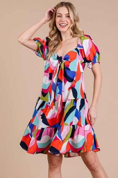 Ces Femme Abstract Print Sweetheart Neck Puff Sleeve Dress
