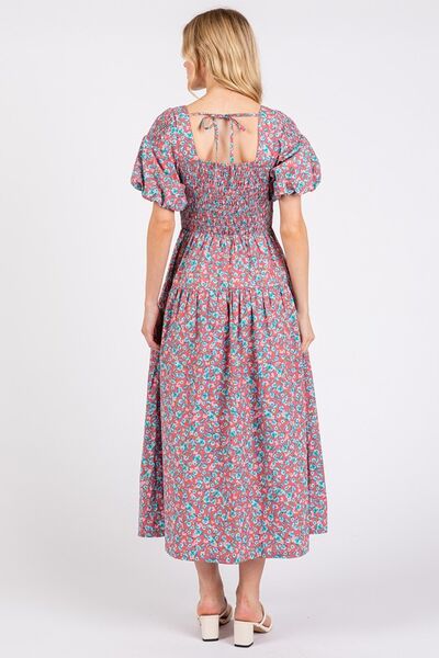 Mittoshop Smocked Floral Square Neck Puff Sleeve Midi Dress