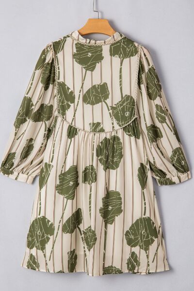 Printed Tie Neck Three-Quarter Sleeve Mini Dress