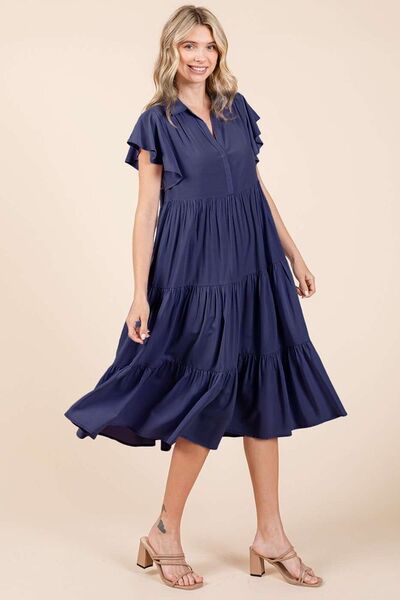 Mittoshop Ruffle Sleeve Collared V Neck Tiered Midi Dress