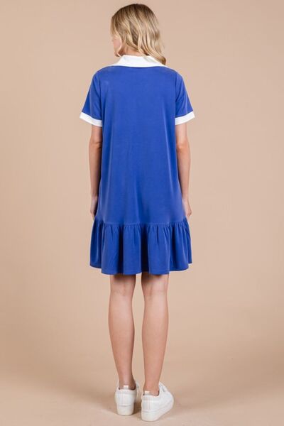 Ces Femme Ruffled Hem Johnny Collar Short Sleeve Dress