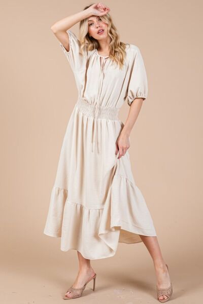 Ces Femme Smocked Elastic Waist Tie Neck Puff Sleeve Dress